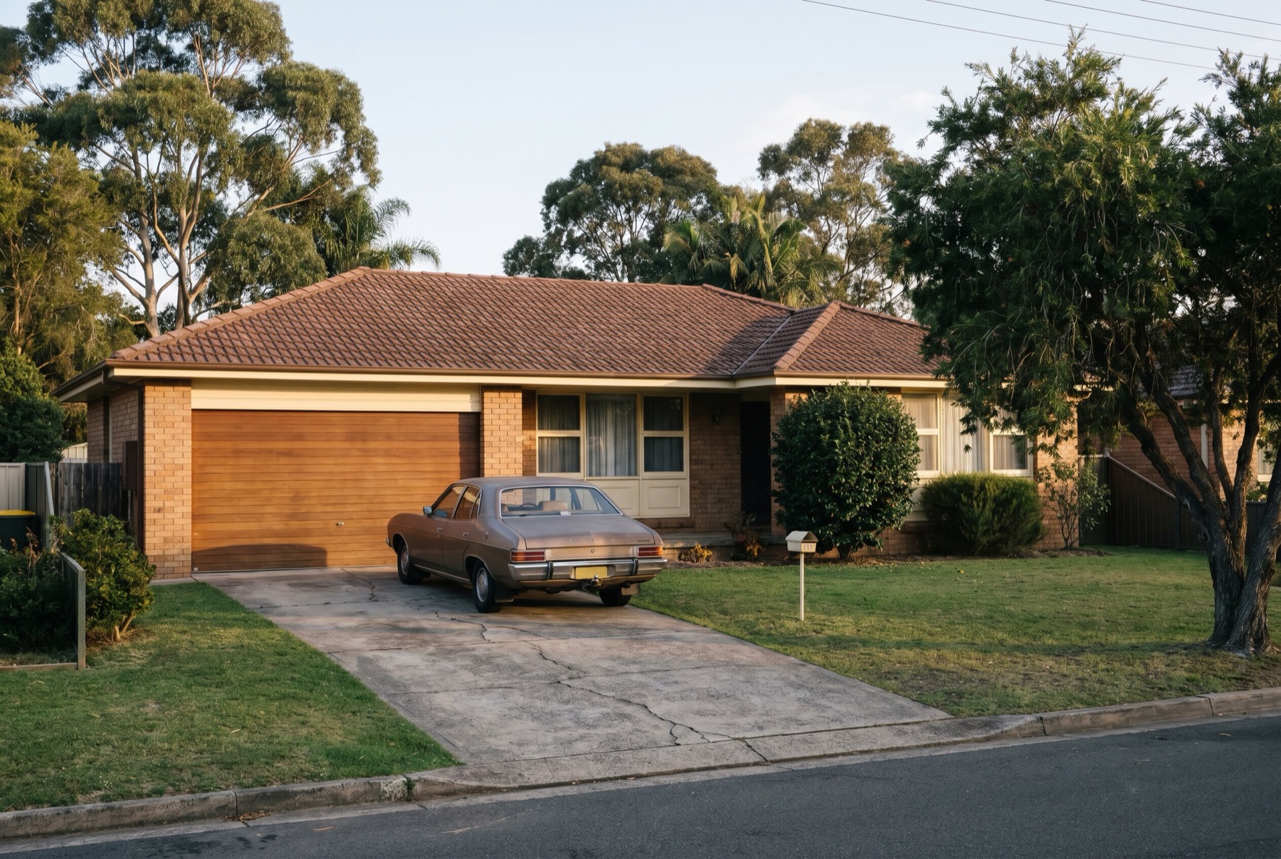 A 1970s brick veneer home with its original garage door under a wide low-pitched tiled roof