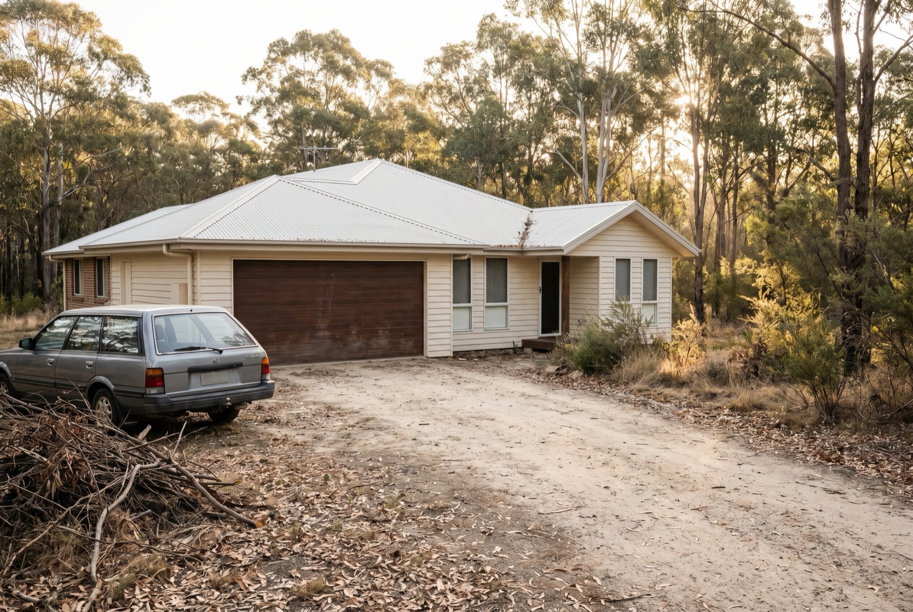 A modern home with a double garage at the edge of dry eucalyptus bushland, driveway dusted with leaf litter
